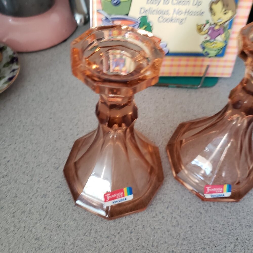 Old Stock 2 Peach Vintage FOSTORIA GLASS Heavy Pressed Glass CANDLESTICK HOLDERS - Picture 4 of 6